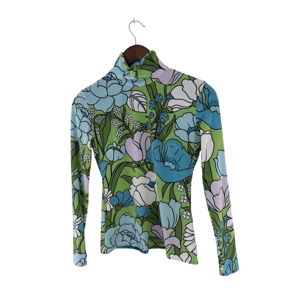 Richard Quinn  blue floral Top Velvety Mock Turtkleneck Top UK 6 US 2 ‎ Long Slv